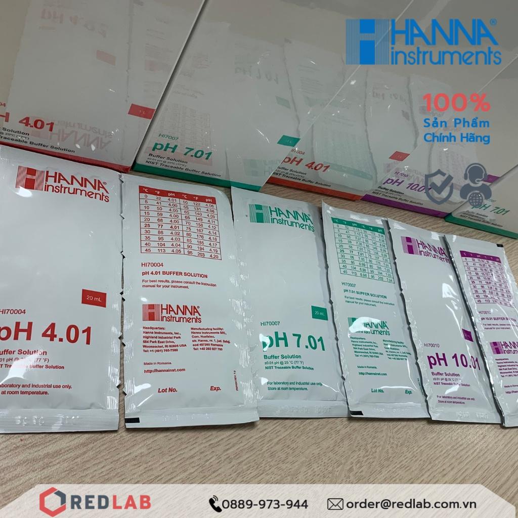 Dung dịch hiệu chuẩn pH 4.01 7.01 10.01 dạng gói 20mL Hanna HI70004 HI70007 HI70010