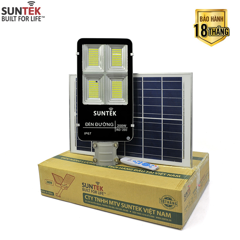 Đèn Đường Năng Lượng Mặt Trời SUNTEK Solar Street Light RD-200 200W - Sáng suốt đêm (12h liên tục) | Tự động Bật/Tắt | Điều khiển Từ xa | Chống Nước/Bụi/Va đập/Sét - Hàng Chính Hãng - Bảo hành 18 tháng