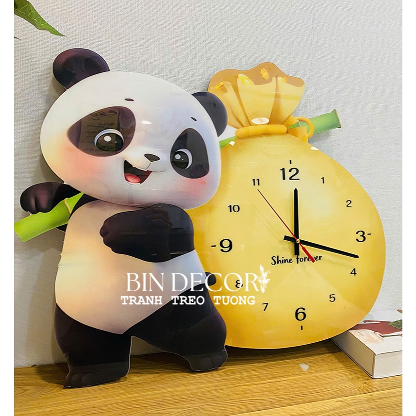 (ẢNH CHỤP THẬT)Tranh đồng hồ đèn led tráng gương gấu trúc dễ thương 6 kèm đinh treo