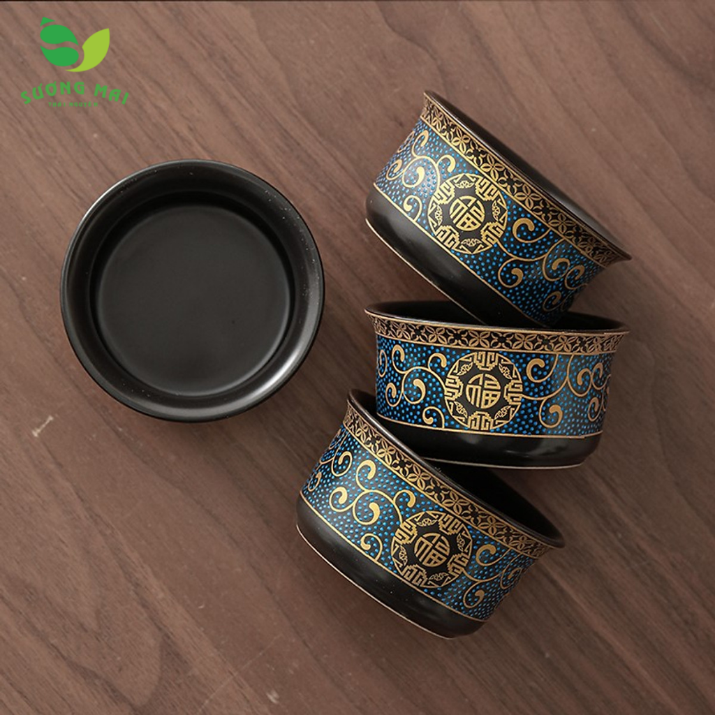 Bộ ấm chén pha trà cối xay sm 003 – Xanh đen vàng 15&12 món