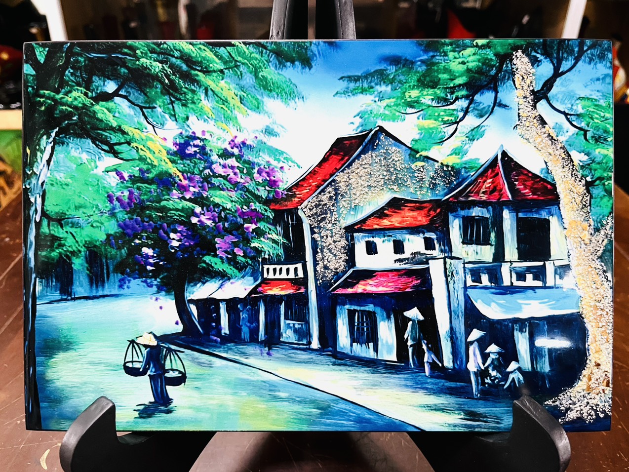 Tranh sơn mài phố cổ vẽ màu cẩn trứng đẹp Thanh Bình Lê size 20x30 cm