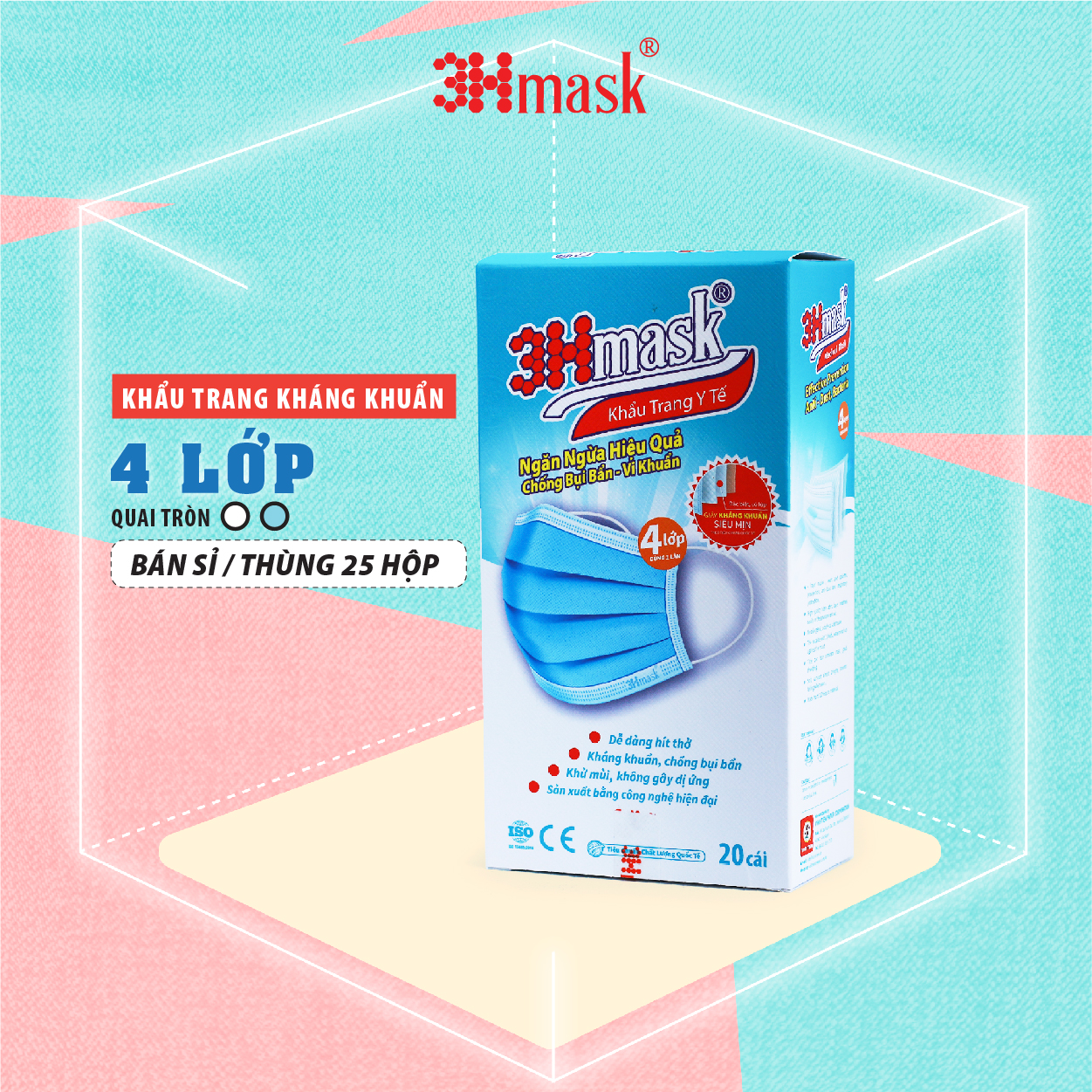 Khẩu Trang 3Hmask 4 Lớp Quai Tròn Xanh (20 cái)