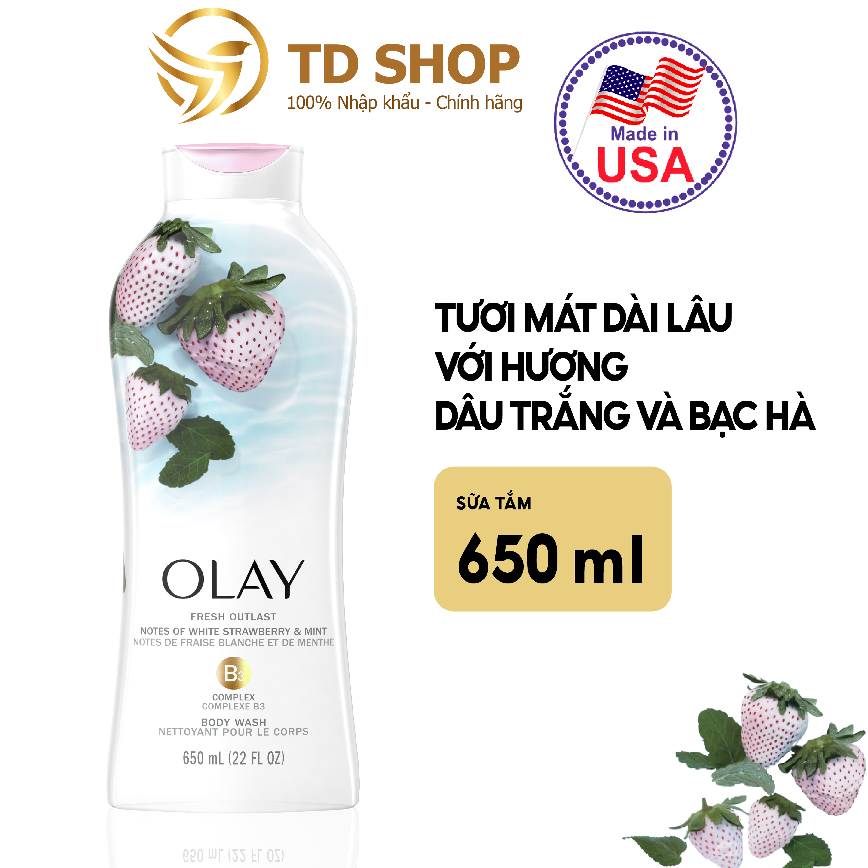 Sữa tắm Olay 650ml dưỡng ẩm – tẩy tế bào chết – 650ml – Dâu và bạc hà