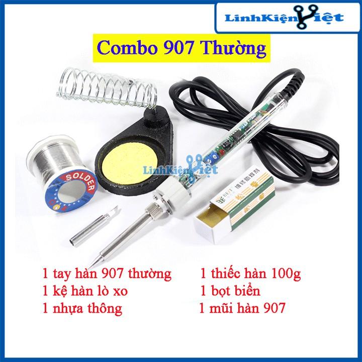 Combo Mỏ Hàn 907 220V-60W và 5 Món Phụ Kiện ( Mũi Hàn Dao, Kệ Hàn, Bọt Biển, Thiếc OK, Nhựa Thông )