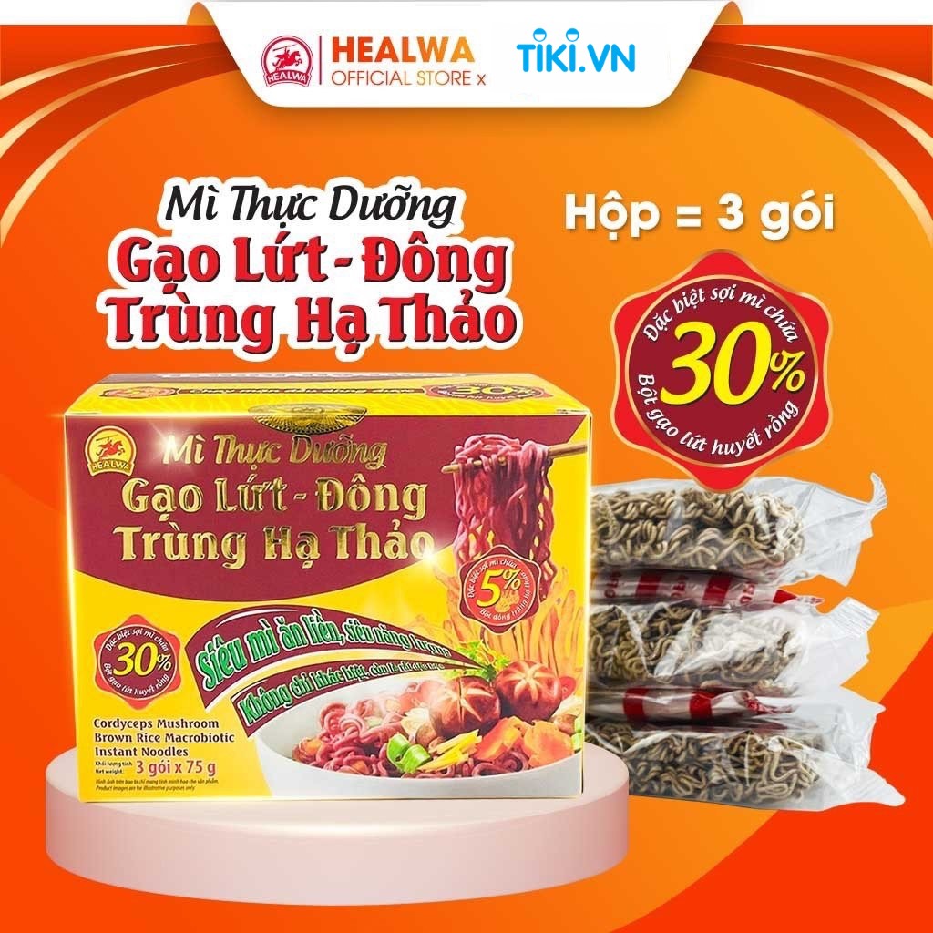 Mì ăn liền Gạo lứt - Đông trùng hạ thảo Healwa (1 hộp x 3 gói x 75g) chua cay nấu khô hay nước dùng chay mặn đều được