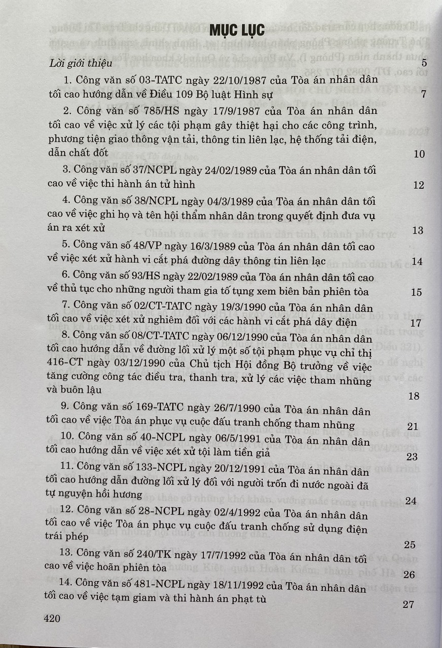 Hệ Thống Công Văn Hướng Dẫn Nghiệp Vụ Của Toà Án Nhân Dân Tối Cao Trong Lĩnh Vực Hình Sự Và Tố Tụng Hình Sự ( Từ năm 1987 đến năm 2023 )