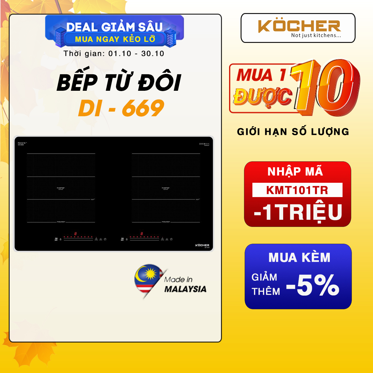 Bếp Điện Từ Đôi Kocher DI-669 Công Nghệ Inverter, tiết kiệm điện, Nhiều tính năng - Hàng chính hãng