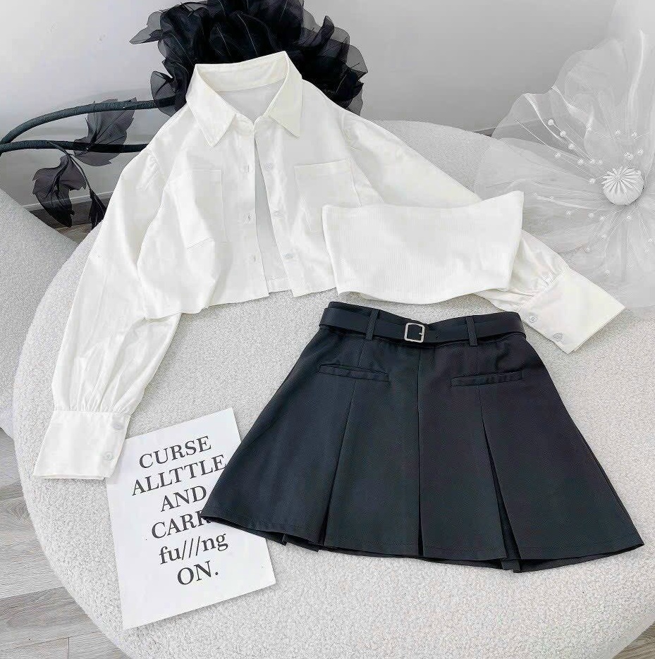 ĐẦM SET ÁO CROPTOP SƠ MI KHOÁC LỬNG TAY DÀI + ÁO ỐNG + CHÂN VÁY NGẮN LƯNG CAO XẾP LY CHỮ A MIDI ĐI TIỆC ĐI CHƠI NOEL DẠO PHỐ GIÁNG SINH ĐI BIỂN
