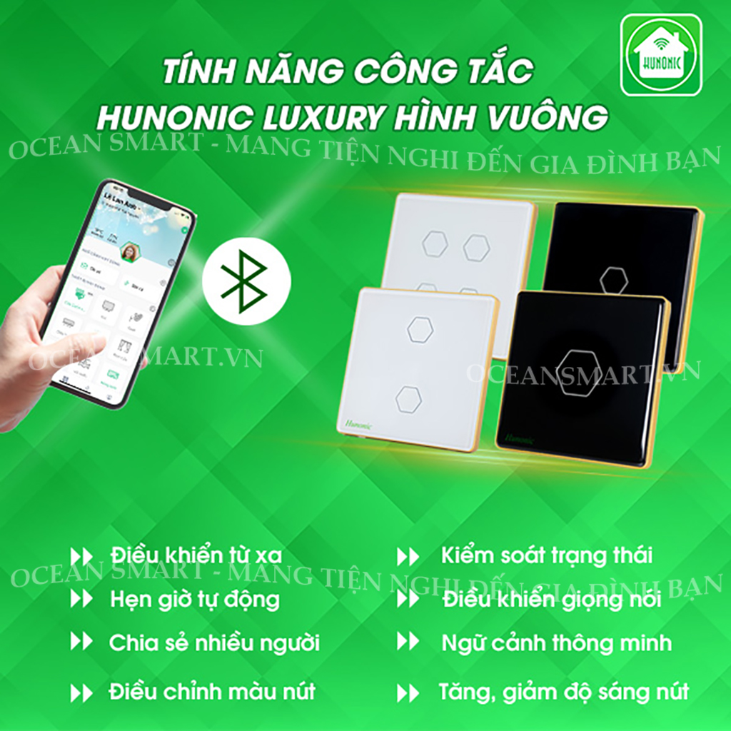 Công Tắc Cảm Ứng Thông Minh HUNONIC Luxury, Công Tắc Điều Khiển Từ Xa Bằng Điện Thoại Hình Vuông - HNLUXV