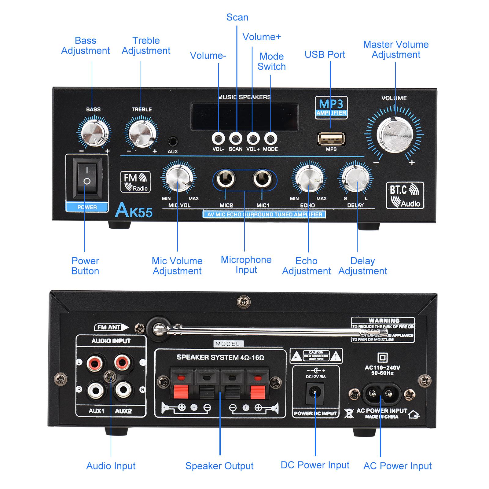 AK-55 Audio Power Amplifier Home Car Karaoke Amplifier Digital Audio PA Receiver 2 Microphone Input with Remote Control