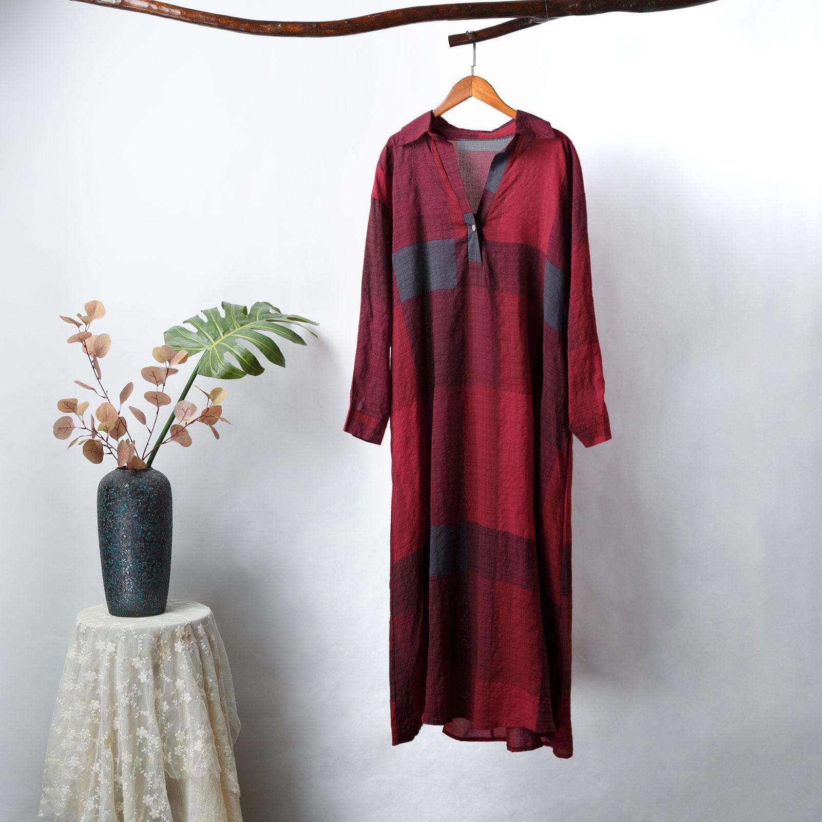 Women Cotton Vintage Plaid Dress Turn Down Collar Long Sleeve Side Pocket Casual Loose Plus Size Robe Gown