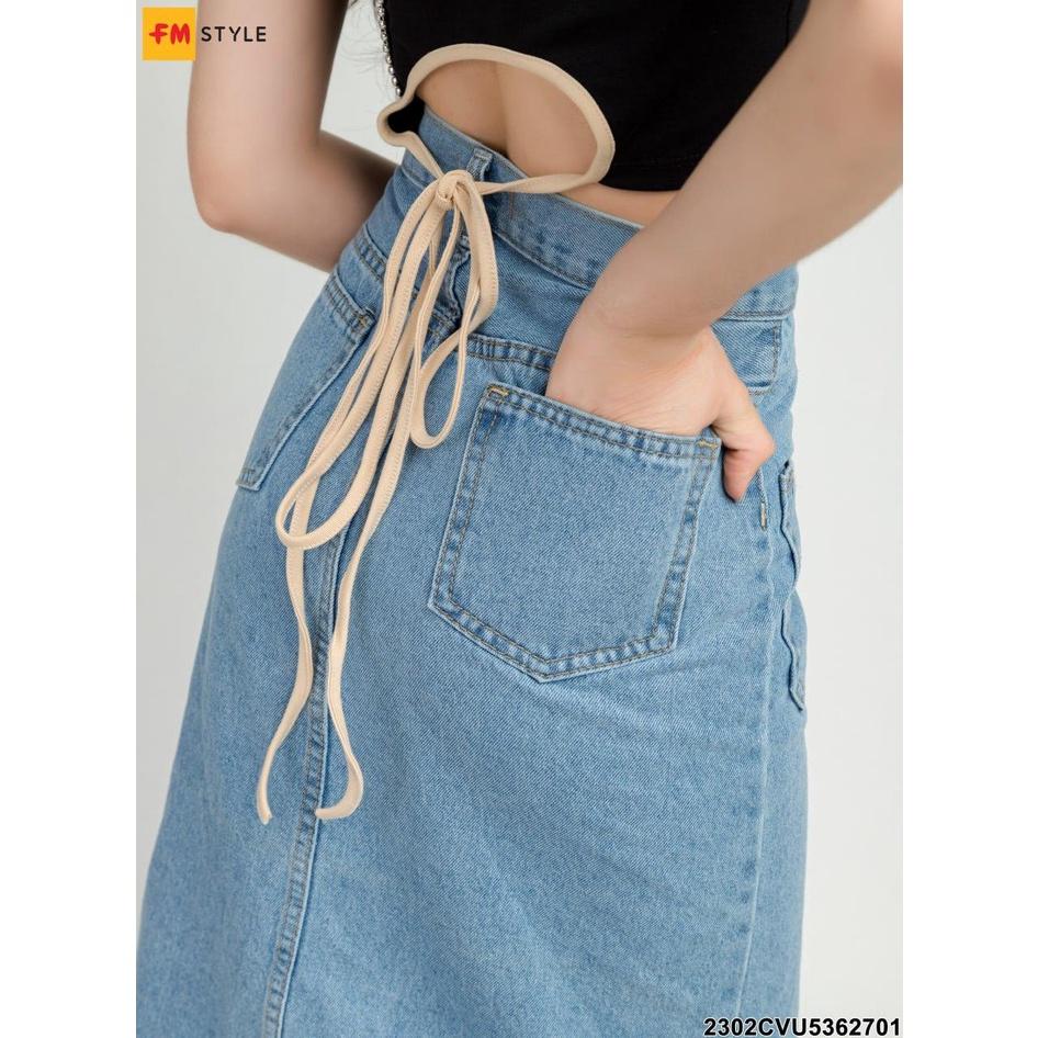 Chân váy jean nữ Fm Style kiểu dáng Midi Jean lưng cao dáng thiết kế xẻ trước thời trang Hàn Quốc 23020818
