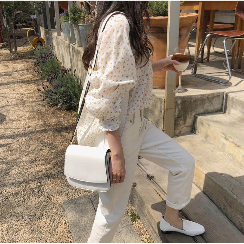 Áo sơ mi hoa nhí dài tay viền bèo thời trang Hàn Quốc, Áo sơ mi họa tiết hoa nhí cực xinh ngày hè