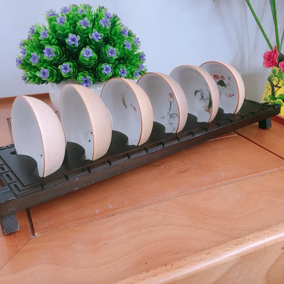6 chén lòng sứ ngoài phủ nhám họa tiết vẽ tay tinh tế Ngư Hí, Lan Hoa, Liên Bồng + 1 gác chén gỗ mun