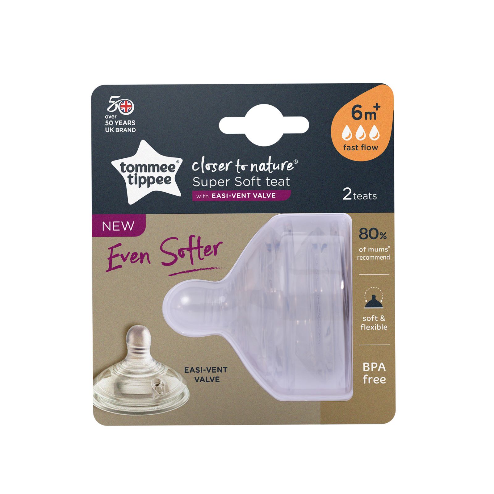 Núm ty silicon siêu mềm tự nhiên cho bé Tommee Tippee Closer to Nature Fast Flow từ 6 tháng (vỉ đôi)