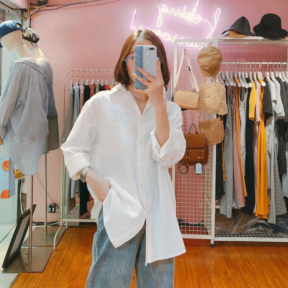 Áo Sơ Mi Nữ Form Rộng TRƠN Basic Unisex Dài Tay Trắng và Đen chất Cotton lụa Hàn mịn mát, áo sơ mi nữ Bigsize suông SM1