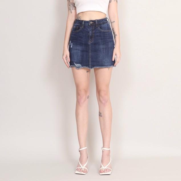 Chân váy jean chữ A rách gấu tua rua co giãn bên trong có quần CT JEANS