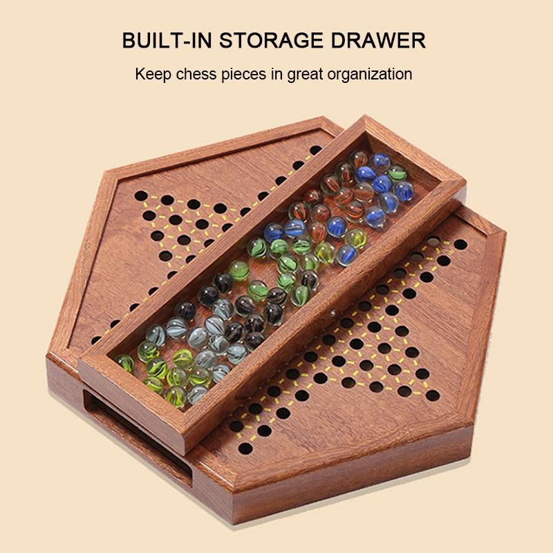 Wooden Chinese Checkers Set with Storage Drawer Children Adults Chess Board Game