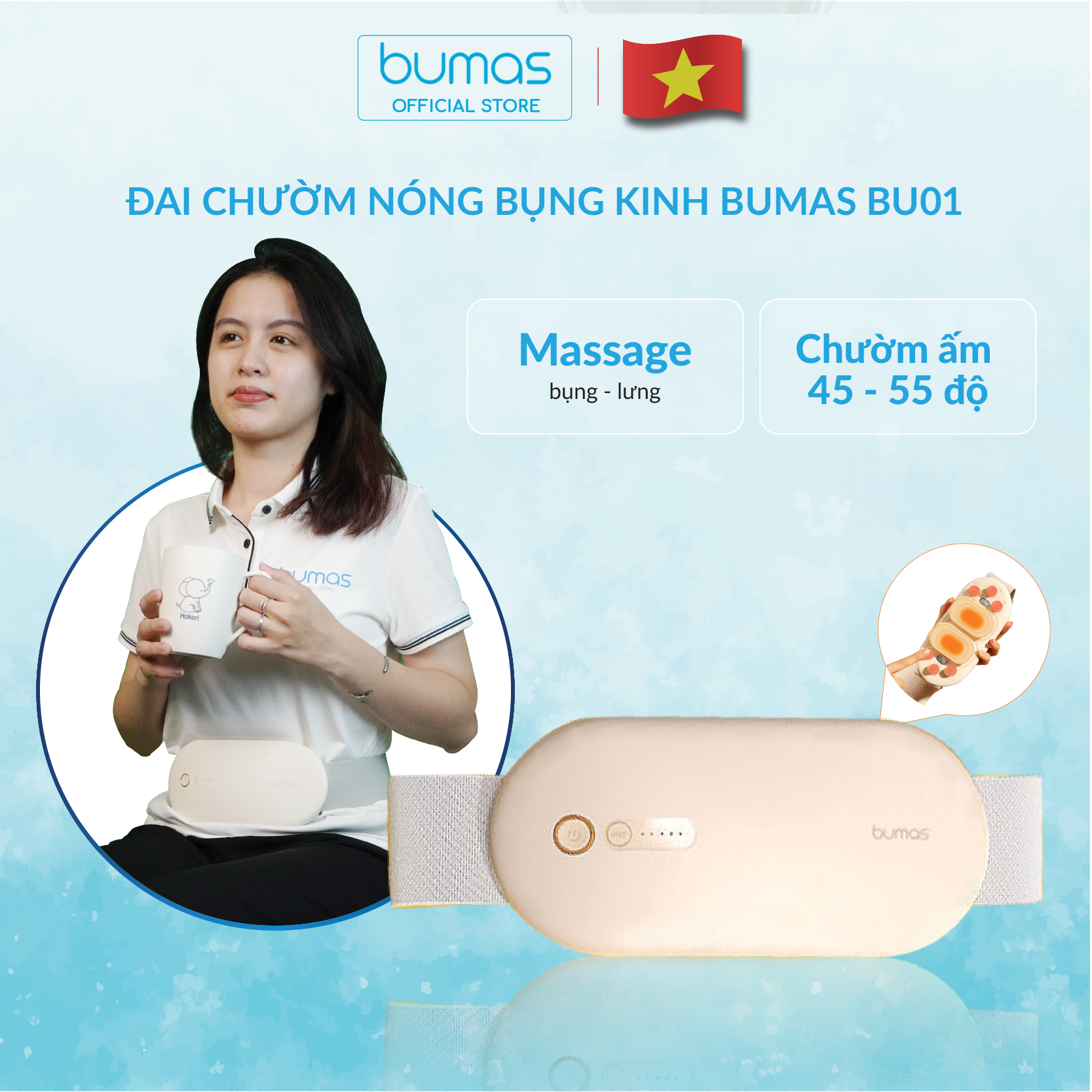 Đai Chườm Nóng, Máy Massage Giảm Đau Bụng Kinh BUMAS BU01 - Hỗ Trợ Chống Lão Hoá Da Sau Sinh - Hàng Chính Hãng