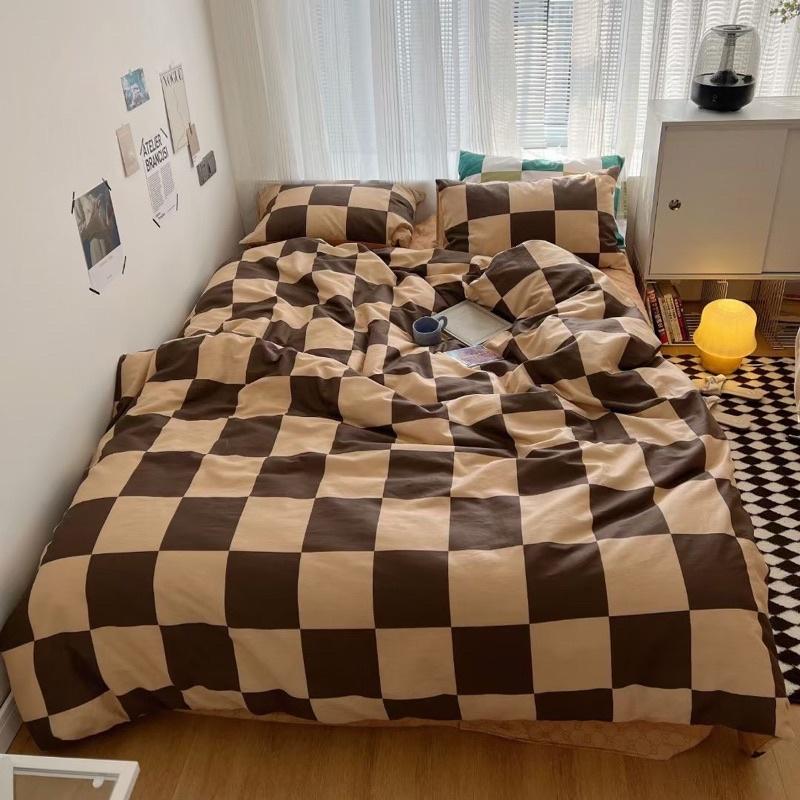 Bộ Chăn Ga Gối Cotton Living Hàng Nhập Khẩu Cao Cấp 4 Món Ô Vuông sen màu
