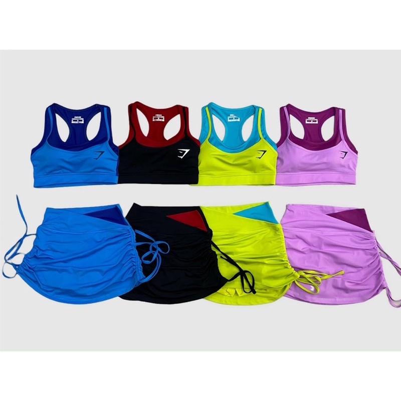 Set bộ tập áo bra váy rút dây phối màu hit hot tập gym, aerobic,thể dục,đi bơi nữ