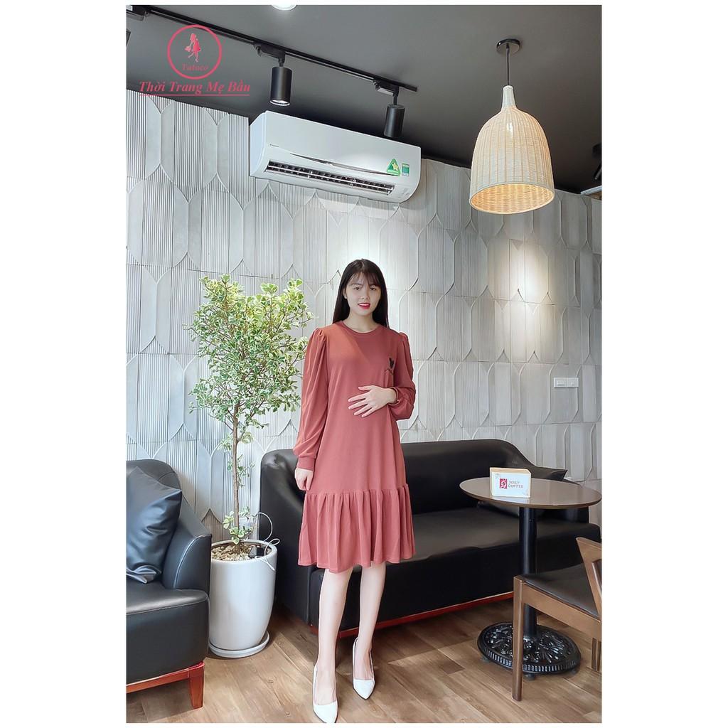 Váy bầu thu đông dài tay new 2 màu ( chất len tăm cao cấp , co giãn , không nhắn ) hình thật +video