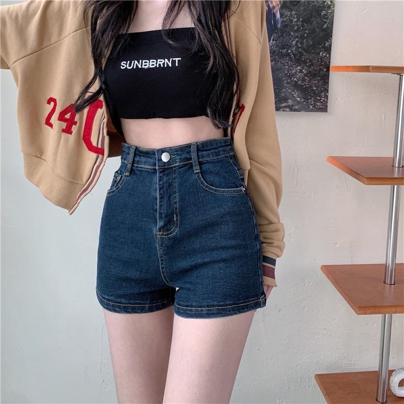 Quần short jeans nữ BigSize màu xanh đậm, co dãn mạnh, lưng cao