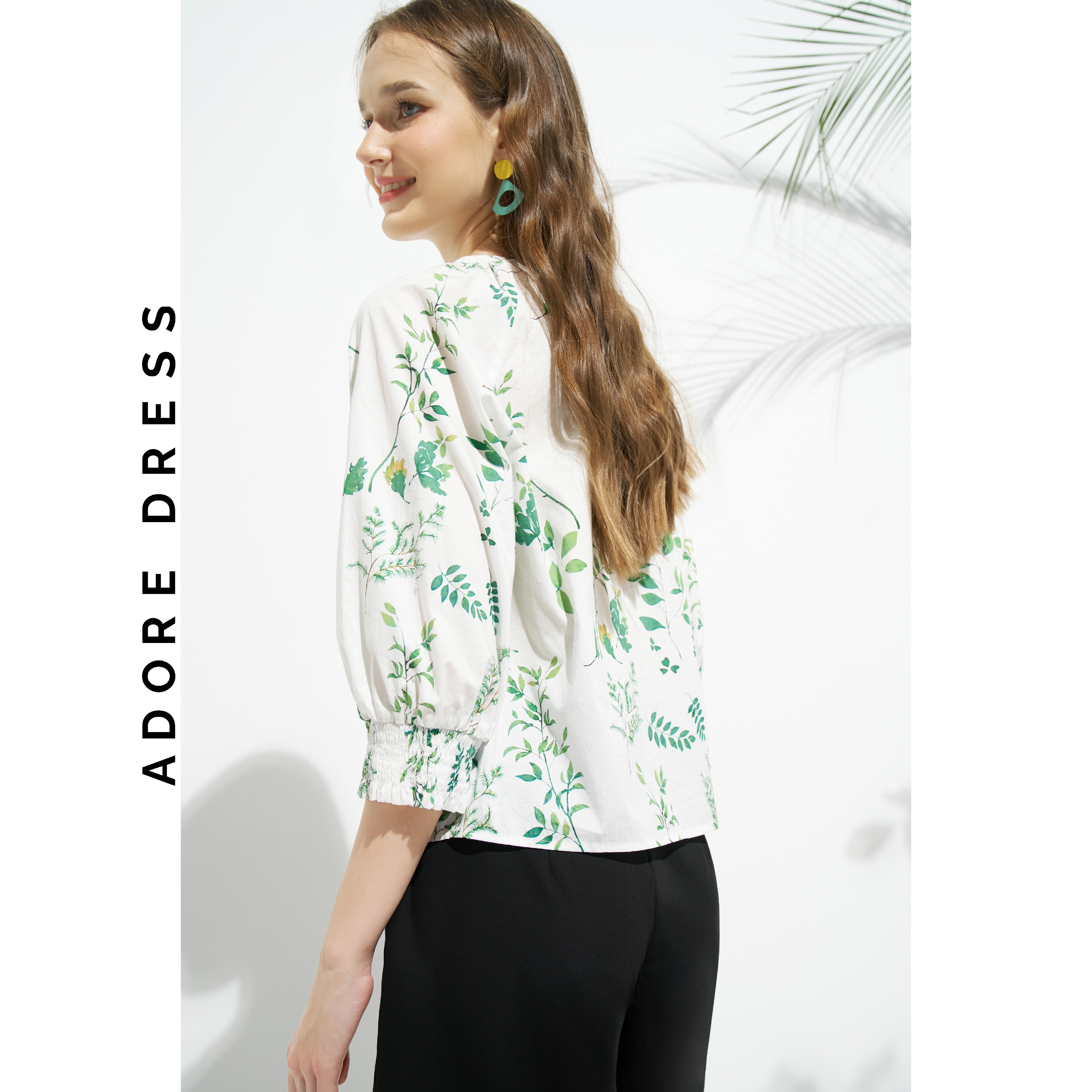Áo sơ mi Tops casual style thô lụa hoa nhỡ green 311TO1026 ADORE DRESS