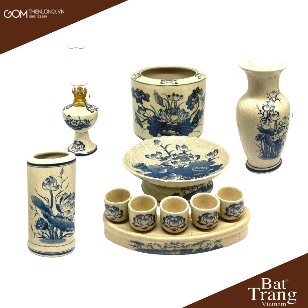 Bộ Đồ Thờ Men Rạn Vẽ Hoa Sen - Đồ Thờ Cúng Giá Tốt Bát Tràng - Gốm Thiên Long