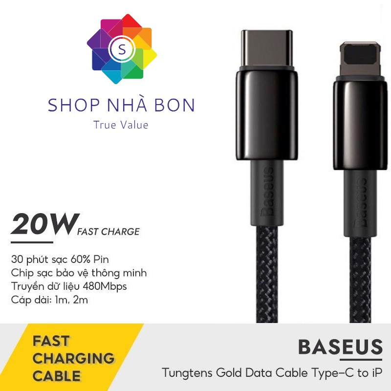 Cáp sạc nhanh, siêu bền C to IP 20W Baseus Tungsten Gold dùng cho iPhone 12/ iP11 Series/ iPXS Max - Hàng chính hãng