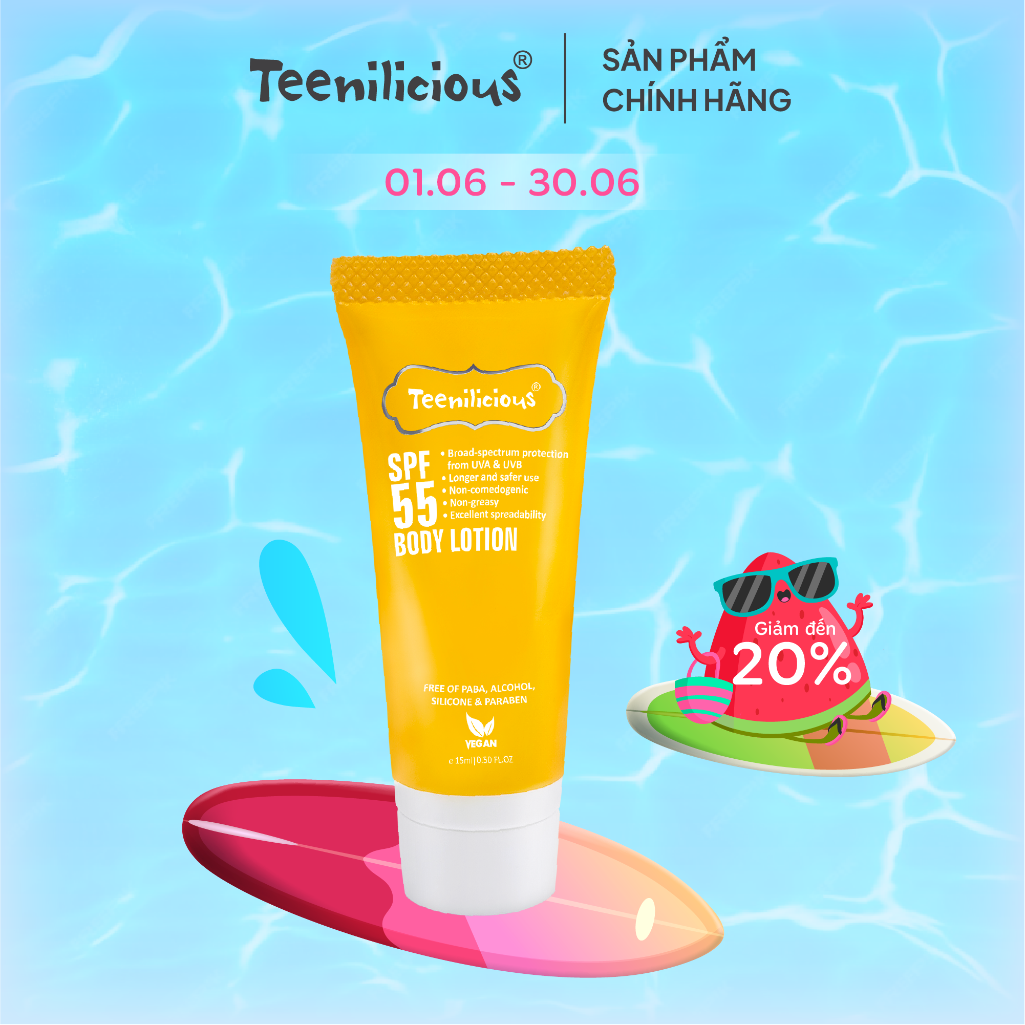 [Mini Size] Sữa Dưỡng Thể Chống Nắng Teenilicious SPF55 Body Lotion 15ml, PA+++, Dành Cho Da Dầu Và Nhạy Cảm