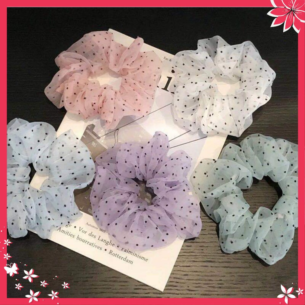 Dây buộc tóc, cột tóc scrunchies họa tiết chấm bi Voan nhiều màu 