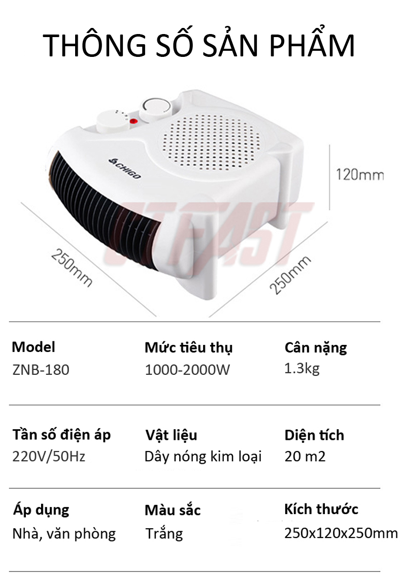 Máy sưởi điện mini CTFAST CHIGO 180 : Quạt cá nhân công suất lớn 2000W, làm nóng nhanh, điều  chỉnh 3 tốc độ, sử dụng an toàn, bảo vệ chống quá nhiệt, diện tích sử dụng 20 m2 - Hàng chính hãng