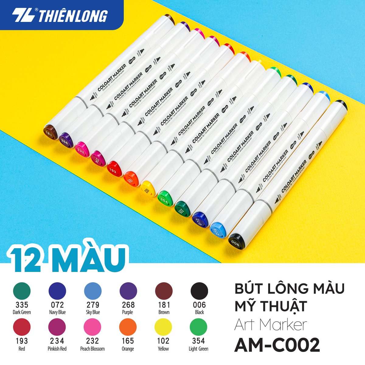 Bút dạ màu 2 đầu Art Marker Thiên Long Colokit - Bút dạ 12/24 màu, mực bền màu, mau khô dùng vẽ tranh, calligraphy