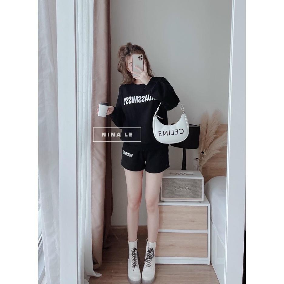 Sét bộ nỉ bông nữ áo tay dài in họa tiết chữ phối quần short xinh xắn, trẻ trung phù hợp cho nàng dạo phố siêu sang