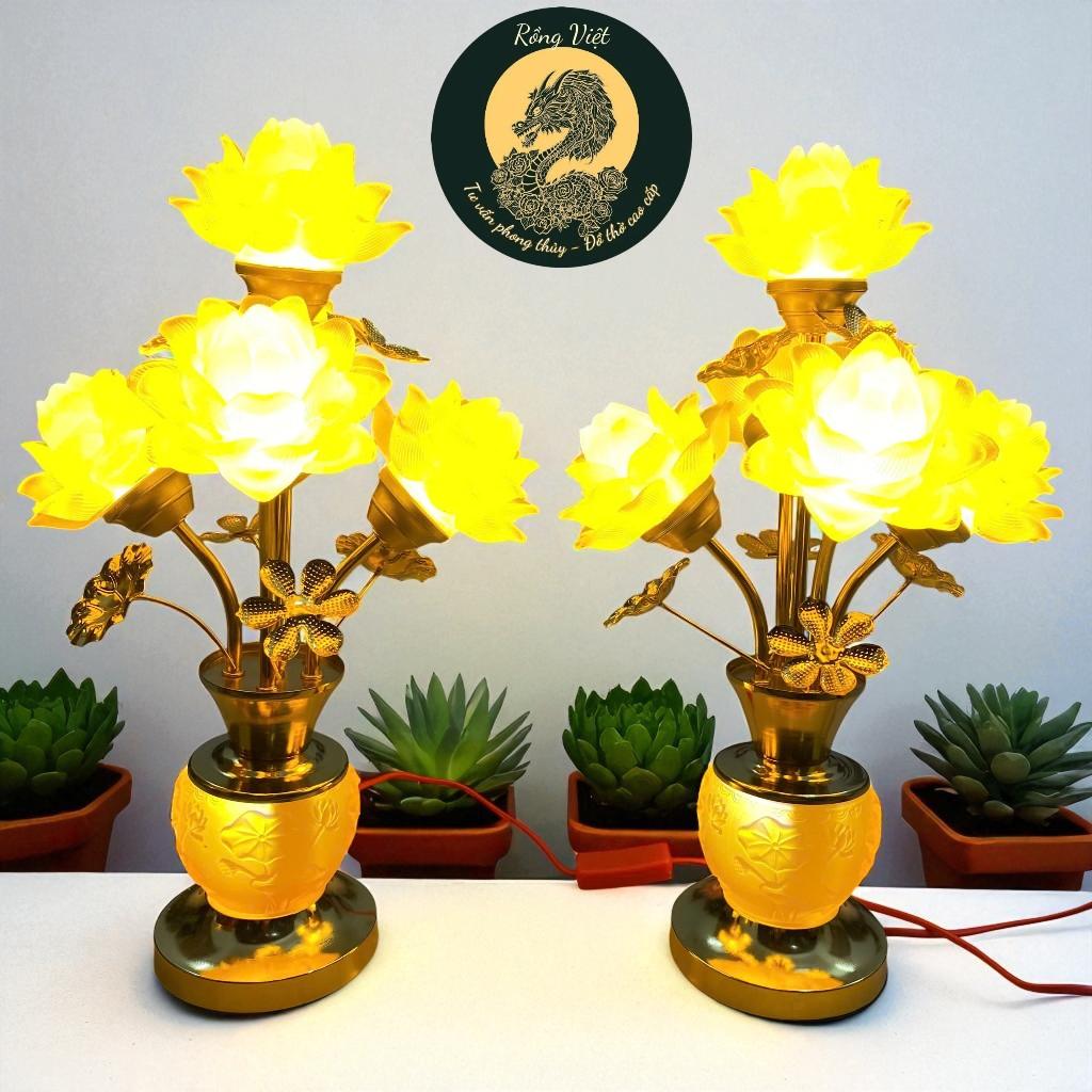 cặp đèn thờ 5 bông lưu ly sen nổi RỒNG VIỆT, Cặp đèn thờ thân hợp kim thiết kế cao cấp