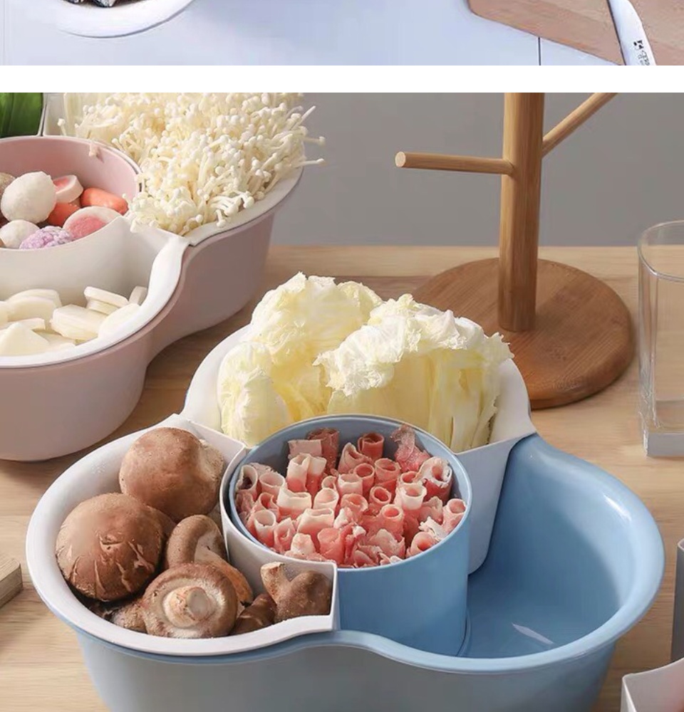 Bộ rổ 4 ngăn 34x12cm đựng rau ăn lẩu, trái cây đa năng kèm chậu hứng tiện lợi
