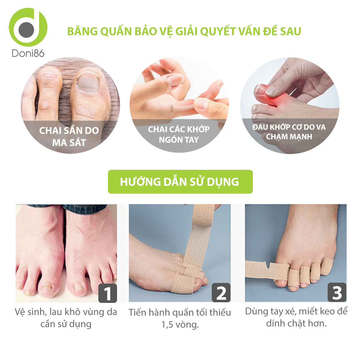 Set 3 cuộn băng quấn vải tự dính giúp giảm ma sat bảo vệ ngón tay, ngón chân hiệu quả - Doni - DOPK247