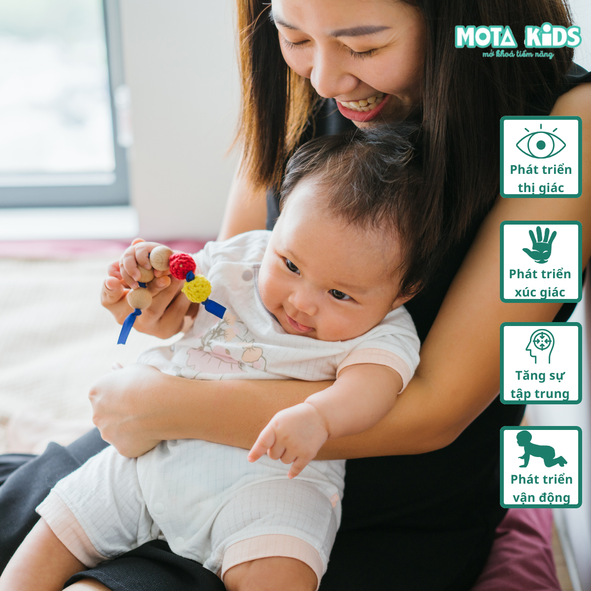 Đồ chơi chuỗi hạt giác quan cho bé 3-6 tháng Montessori Mota - Hỗ trợ phát triển vận động - Hàng chính hãng