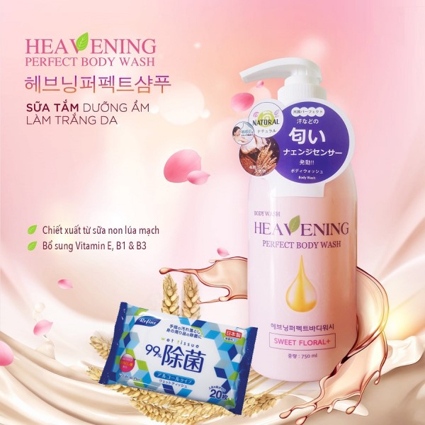 Sữa tắm dưỡng ẩm, làm trắng da Heavening Perfect tặng kèm khăn ướt khử trùng