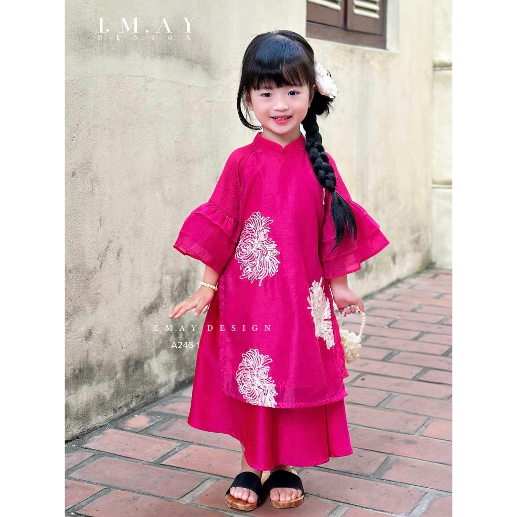 XẢ HÀNG LẺ SIZE Bộ Áo dài tết cho bé gái mẫu Hoa thêu xinh xắn màu đỏ hồng từ 12-40kg hàng thiết kế cao cấp