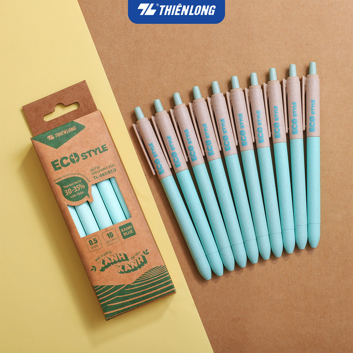 Combo 5/10/20 Bút bi Thiên Long ECO Style TL-063/ECO - Mực Xanh - Chất liệu từ vỏ cám trấu
