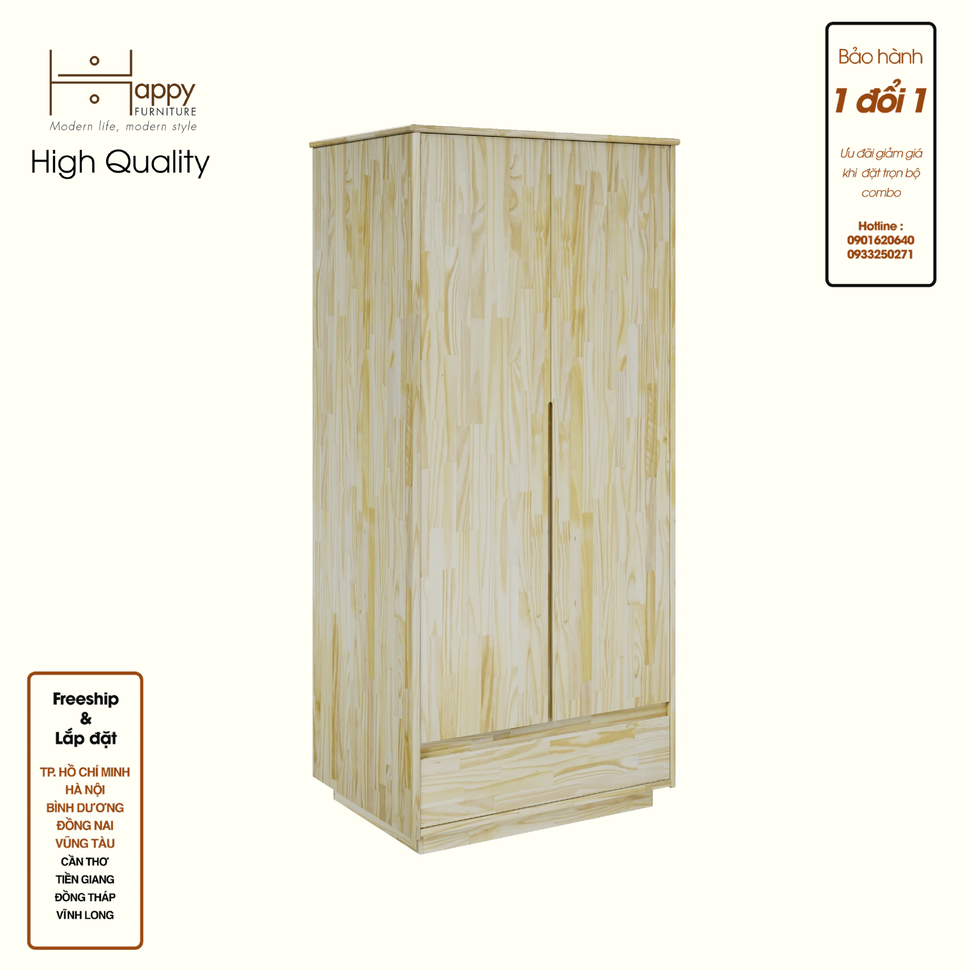 HAPPY FURNITURE , gỗ tự nhiên , Tủ quần áo 2 cửa mở 1 ngăn kéo - GALI , TCM_190 , 80cm x 59cm x 176cm