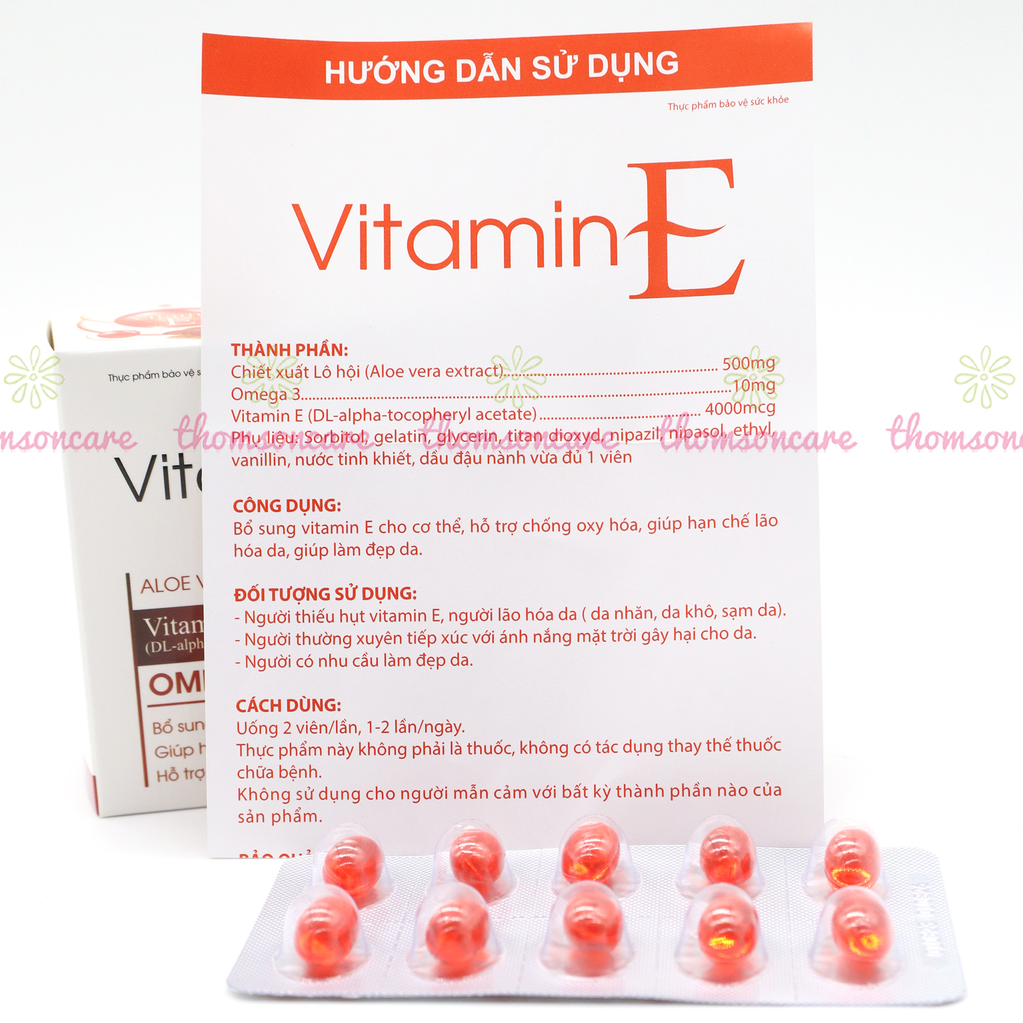 Viên uống Vitamin E đỏ thêm Omega 3, Hộp 30 viên - Bổ sung Vitamin E , chống oxy hóa giúp đẹp da, da sáng đẹp - Thomsoncare