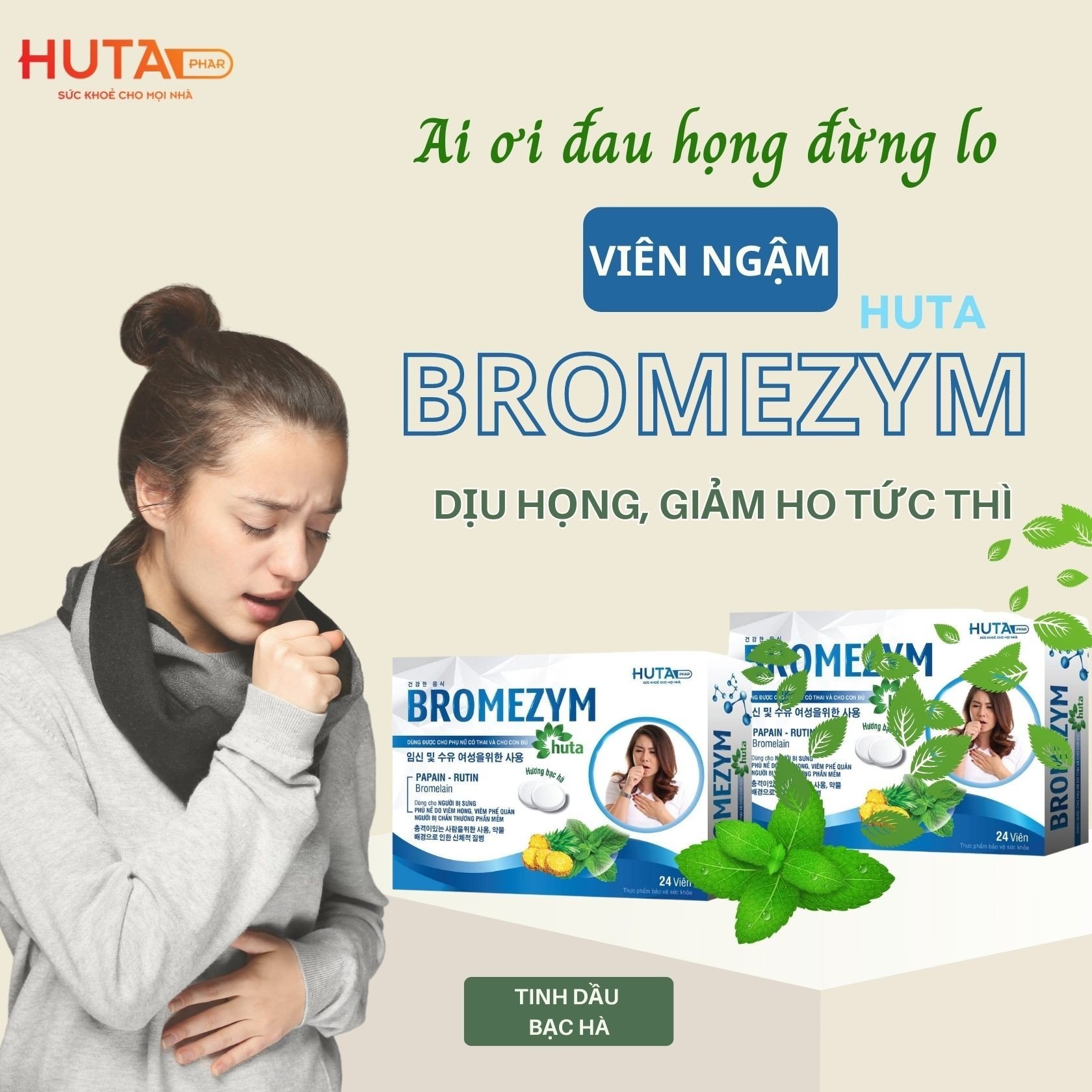 Viên ngậm BROMEZYM HUTA, giảm sưng, đau do viêm họng, viêm phế quản hộp 24 viên