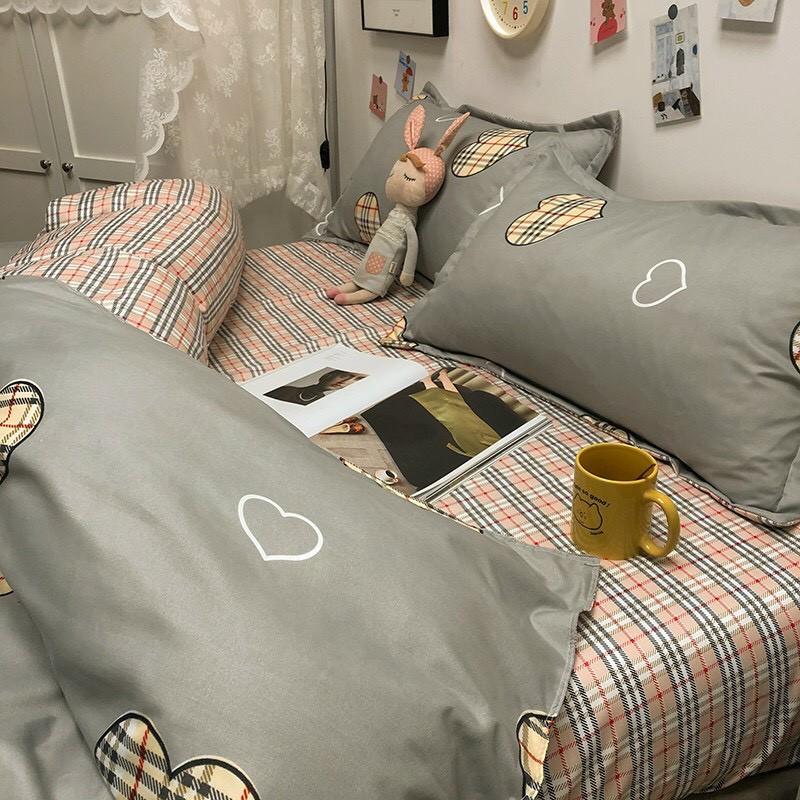 Bộ chăn ga gối Cotton Poly M2T bedding Tim kẻ xám, vpr chăn mền, drap giường và 2 vỏ gối