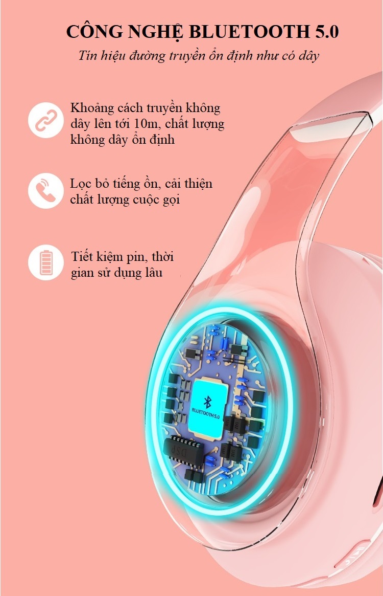 Tai nghe chụp tai Bluetooth 5.0 K6131 Macaron Hỗ Trợ Thẻ Nhớ, Dây 3.5mm, Đài FM - Hàng Nhập Khẩu