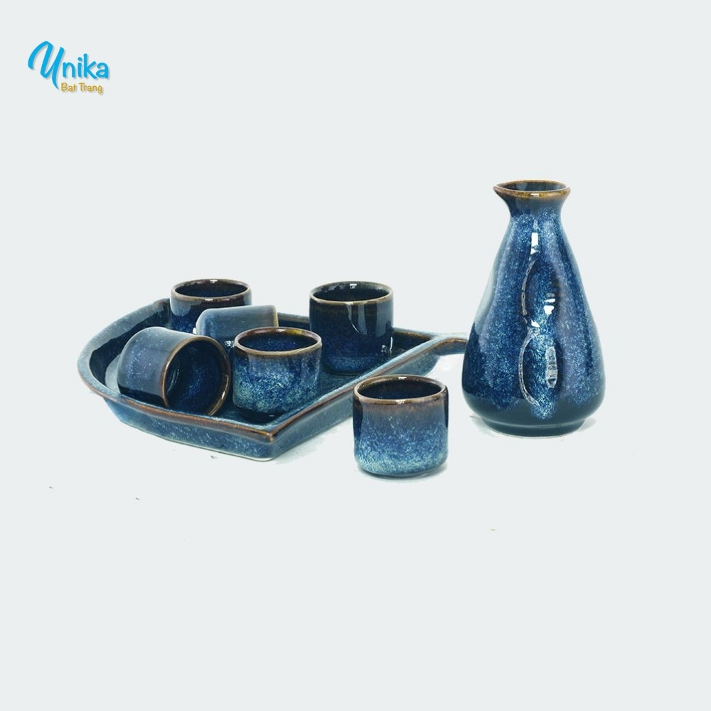 Bộ sake - Set sake bình vuốt men xanh hỏa biến - Gốm sứ cao cấp Bát Tràng