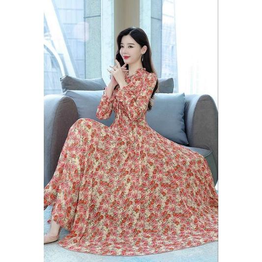 HÀNG NHẬP - ĐẦM MAXI VOAN HOA TAY DÀI CỔ BÈO THẮT DÂY NƠ