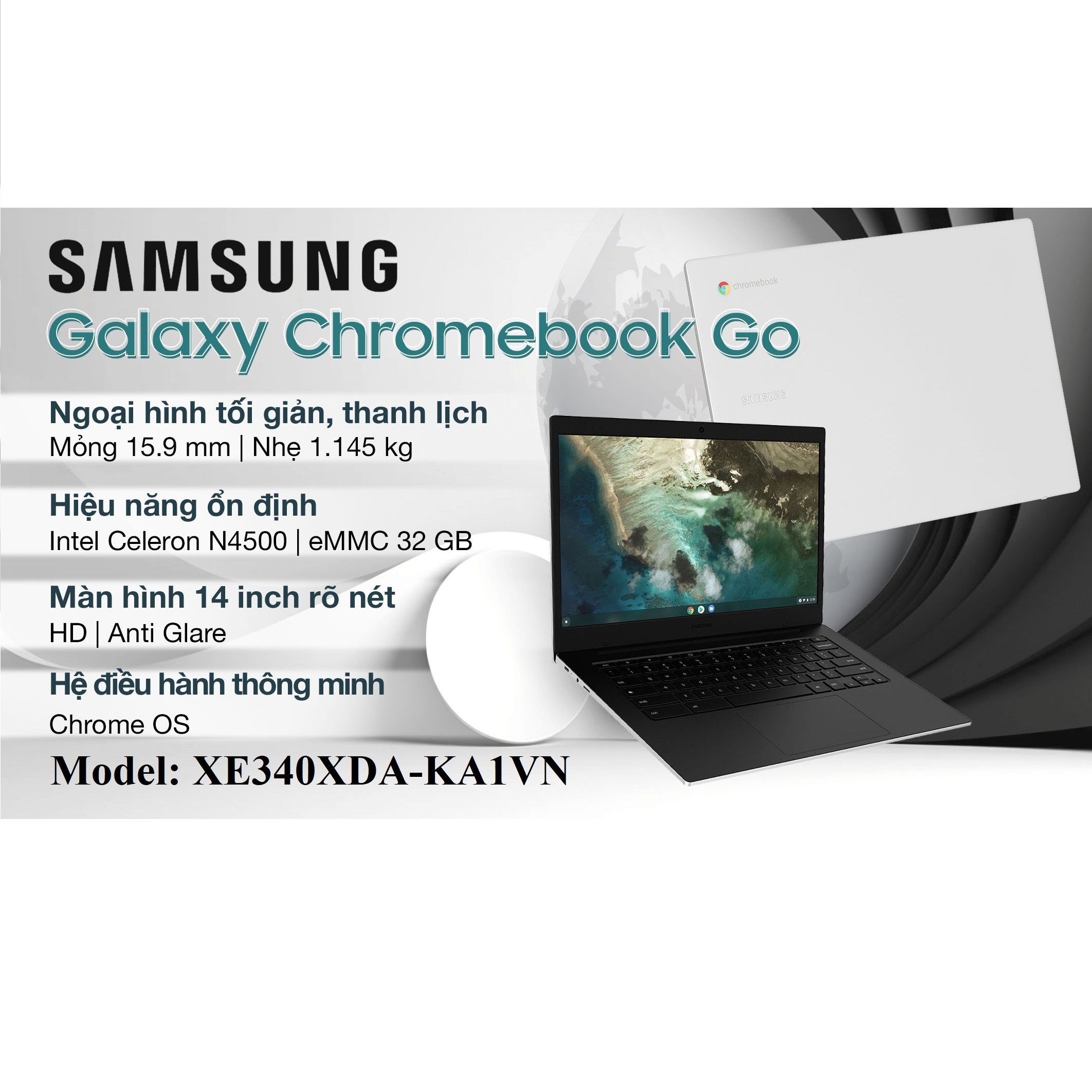 Máy Tính Xách Tay Laptop Samsung Galaxy Chromebook Go XE340XDA 14"/N4500/4GB/32GB/ChromeOS - Hàng Chính Hãng